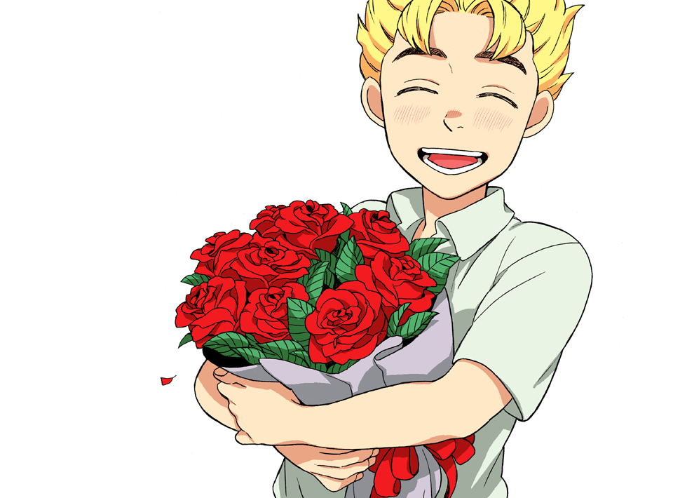 1boy, blonde_hair, bouquet, closed_eyes, flower, hirose_kouichi, holding, jojo_no_kimyou_na_bouken