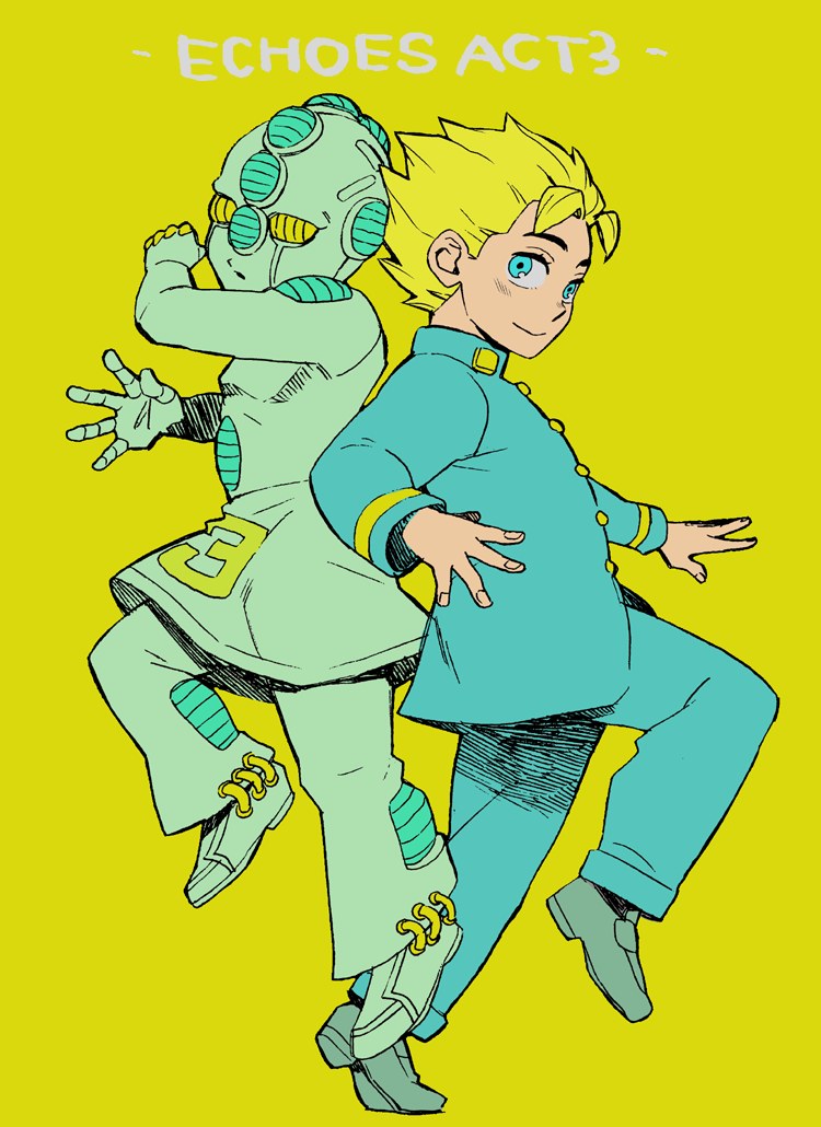 1boy, aqua_eyes, back-to-back, blonde_hair, character_name, echoes_(stand), from_side, full_body