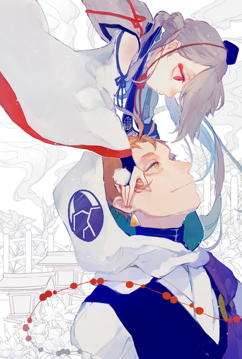 2boys, beads, bridge, earrings, flower, hand_on_another's_face, hat, highres
