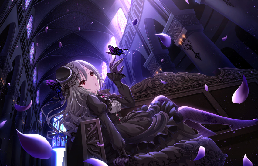 1girl, architecture, artist_request, bangs, bow, butterfly, candle, candlestand