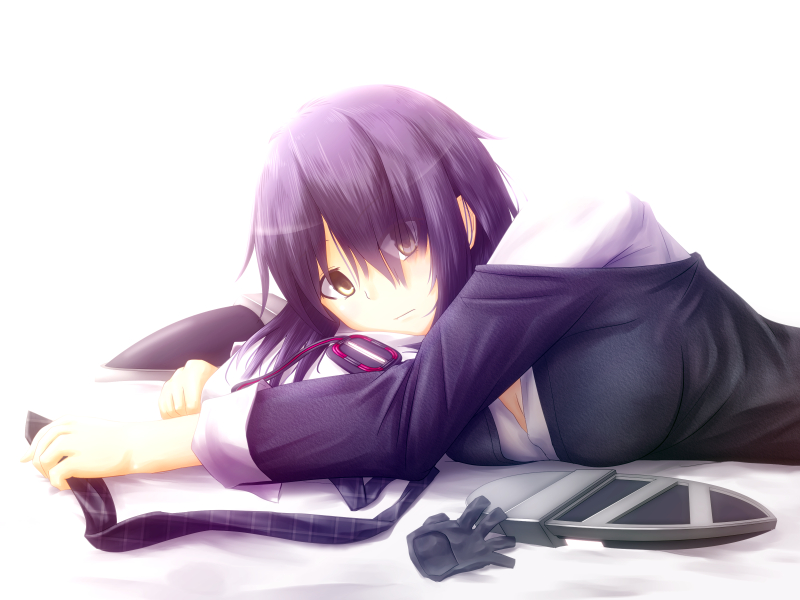 1girl, breasts, checkered, checkered_necktie, cleavage, eyebrows, eyebrows_visible_through_hair, eyepatch, eyepatch_removed, fingerless_gloves, gloves, hair_over_one_eye, headgear, headgear_removed, kantai_collection, looking_at_viewer, lying, necktie, on_stomach, partly_fingerless_gloves, pinesea, purple_hair, school_uniform, short_hair, simple_background, solo, tenryuu_(kantai_collection), white_background, yellow_eyes