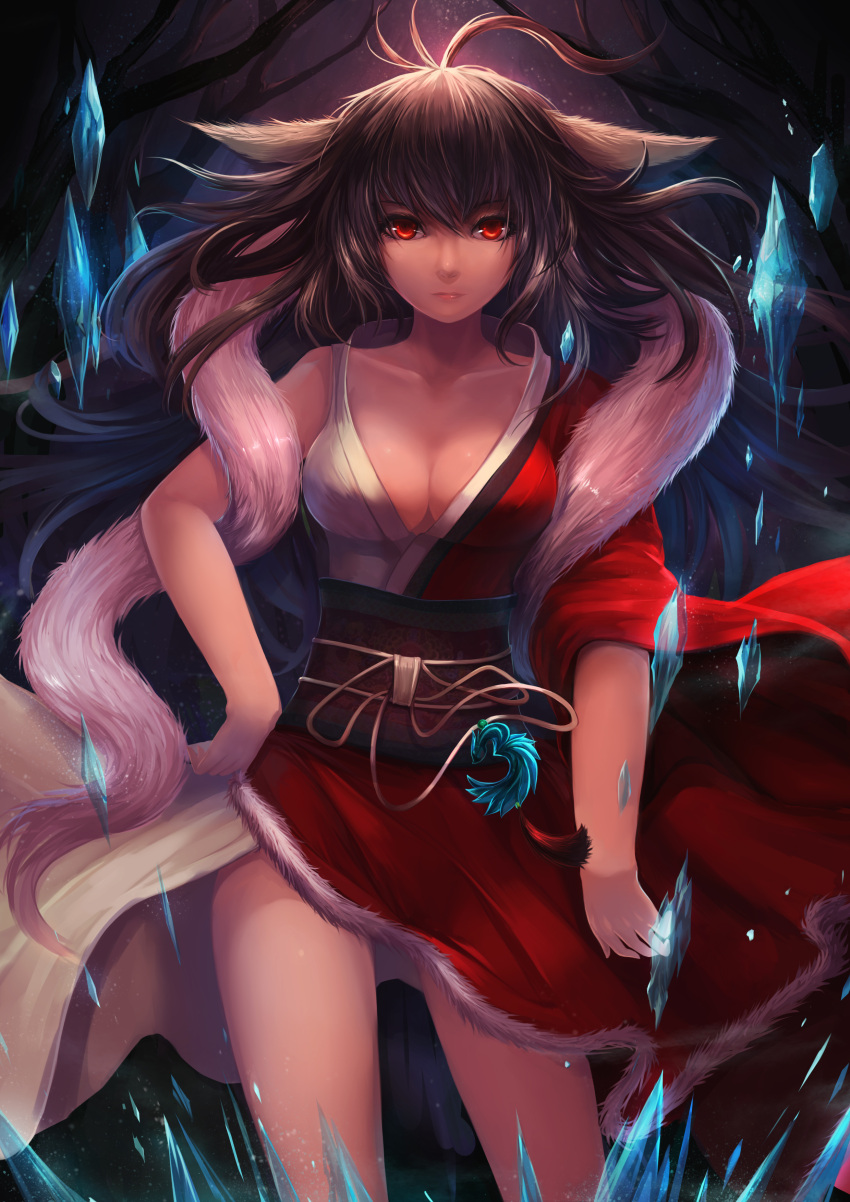 1girl, absurdres, ahri, antenna_hair, asymmetrical_clothes, bare_shoulders, black_hair, breasts