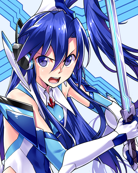 1girl, blue, blue_eyes, blue_hair, chikugen_shiina, holding, kazanari_tsubasa, looking_at_viewer