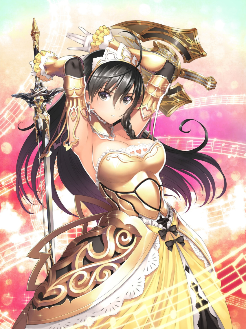 1girl, armor, armored_dress, arms_behind_head, arms_up, black_bow, black_hair, bow