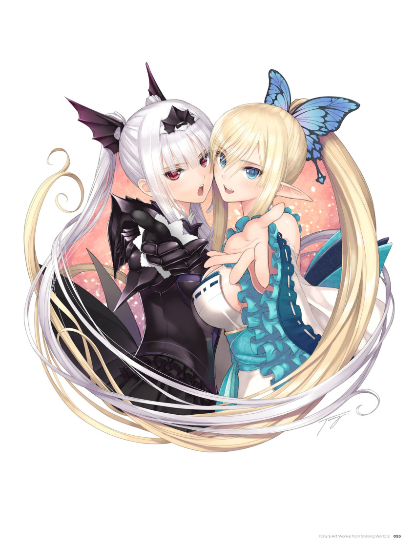 2girls, armor, armored_dress, blonde_hair, blue_eyes, breastplate, breasts, butterfly_hair_ornament