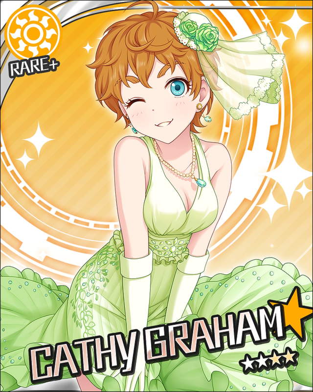 1girl, aqua_eyes, artist_request, blonde_hair, card_(medium), cathy_graham, character_name, dress, earrings, elbow_gloves, eyebrows, gloves, green_dress, green_gloves, idolmaster, idolmaster_cinderella_girls, jewelry, official_art, one_eye_closed, orange_background, short_hair, solo, sparkle, sun_(symbol)