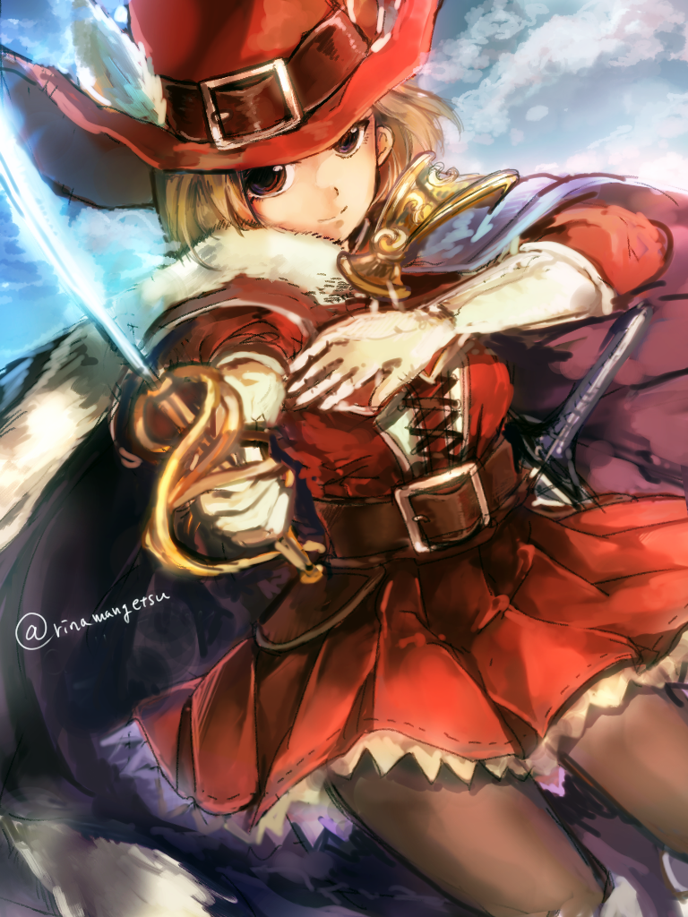 1girl, arcane_sword_(granblue_fantasy), black_legwear, blonde_hair, brown_eyes, cape, djeeta_(granblue_fantasy), gloves