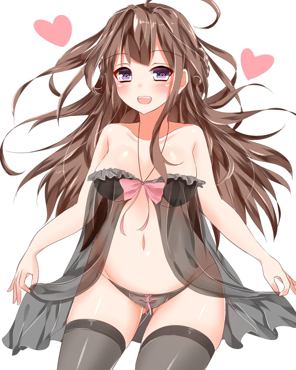 1girl, ahoge, ass_visible_through_thighs, babydoll, black_legwear, black_panties, blush, bow