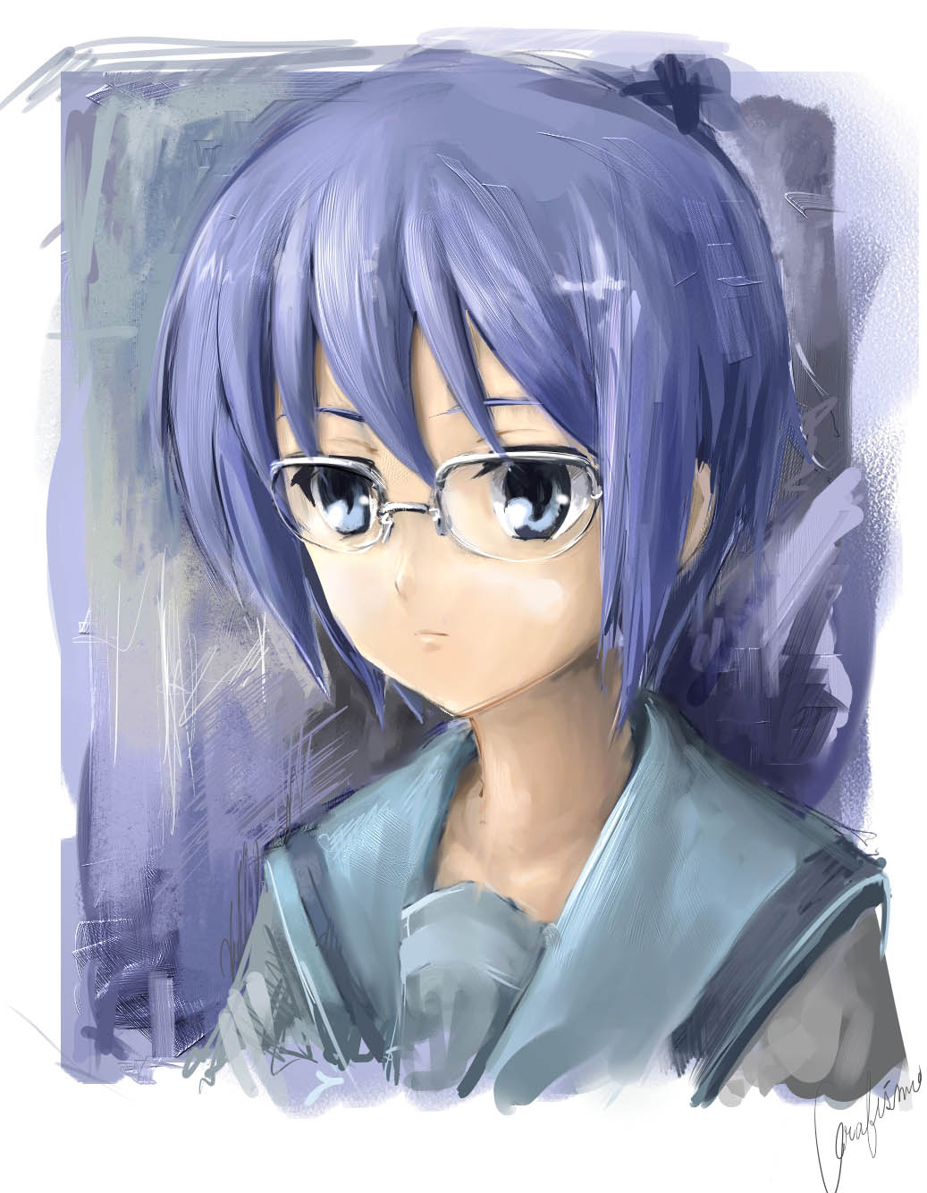 glasses, highres, miyahara_koumei, nagato_yuki, portrait, purple_hair, school_uniform, short_hair