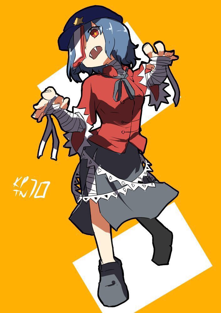 1girl, artist_name, bandaged_arm, bandages, blue_hair, dress, fangs, hat