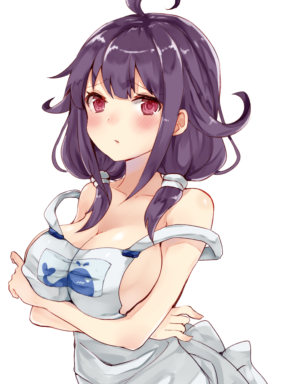 1girl, ahoge, apron, blush, breasts, chiune_(yachi), cleavage, hair_flaps