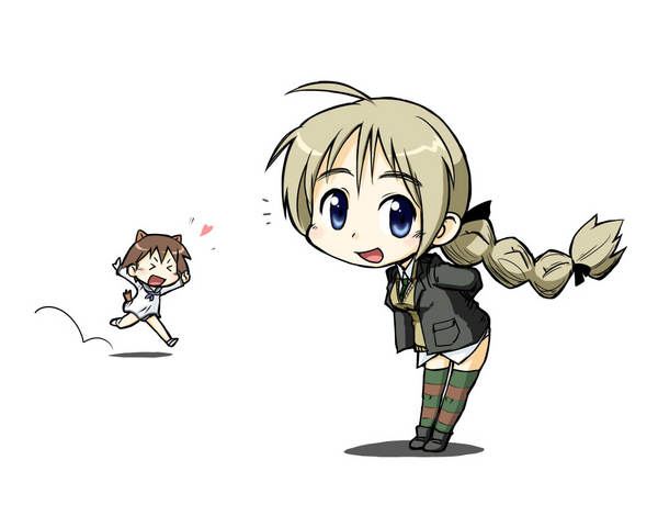 2girls, animal_ears, blue_eyes, brown_hair, chibi, grey_hair, lynette_bishop, miyafuji_yoshika