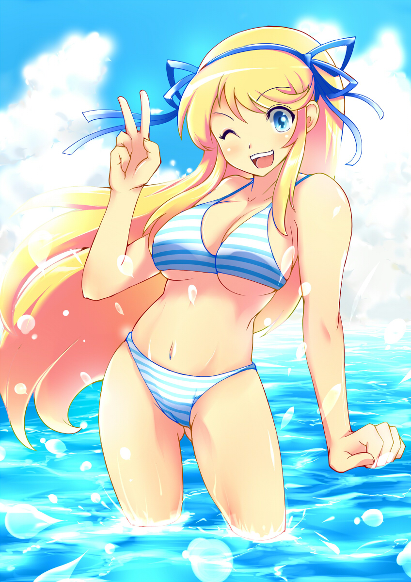 1girl, bikini, blonde_hair, blue_eyes, breasts, cleavage, hair_ribbon, highres