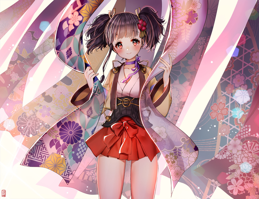 1girl, argyle, asa_no_ha_(pattern), bangs, bat_print, black_hair, cherry_blossoms, choker