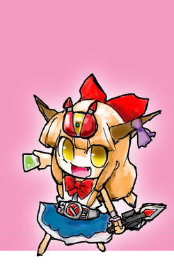 chibi, hashimoto, ibuki_suika, kamen_rider, kamen_rider_den-o, kamen_rider_den-o_(series), lowres, mask, parody, sword, touhou, weapon