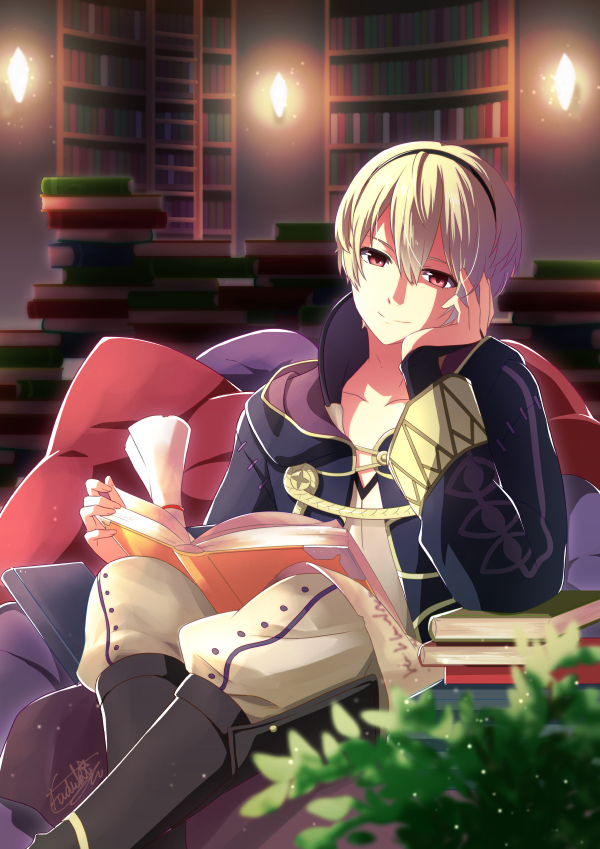 1boy, alternate_costume, artist_name, blonde_hair, book, boots, fire_emblem, fire_emblem_if