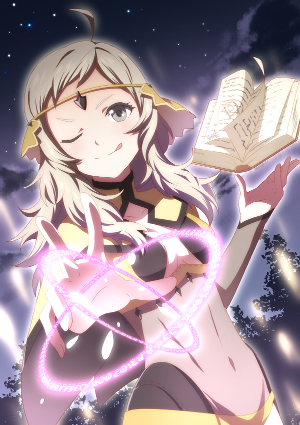 1girl, ahoge, blonde_hair, book, breasts, center_opening, circlet, cleavage