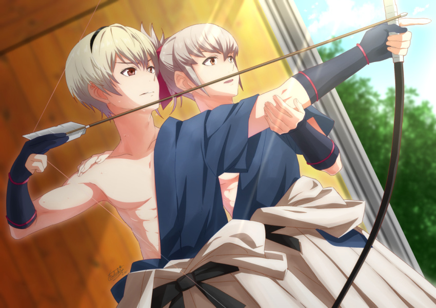 2boys, alternate_costume, arrow, artist_name, blonde_hair, bow_(weapon), brown_eyes, fire_emblem