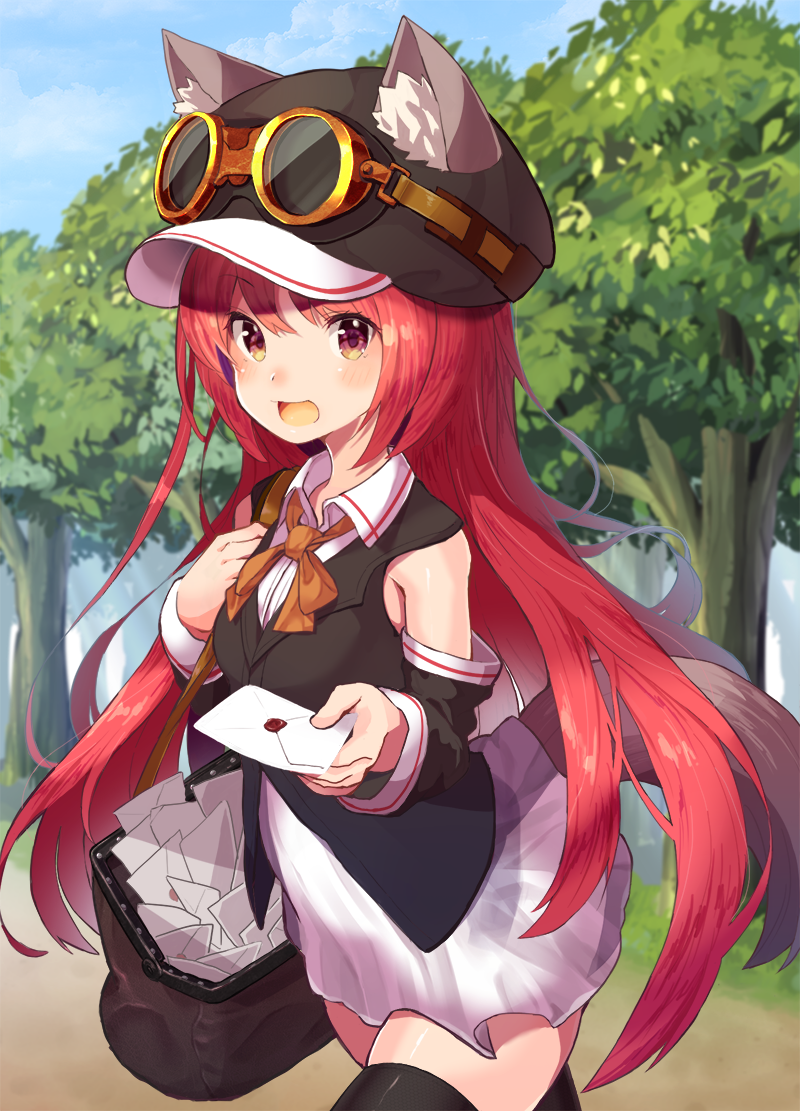 1girl, animal_ears, blush, detached_sleeves, dress, envelope, giving, goggles
