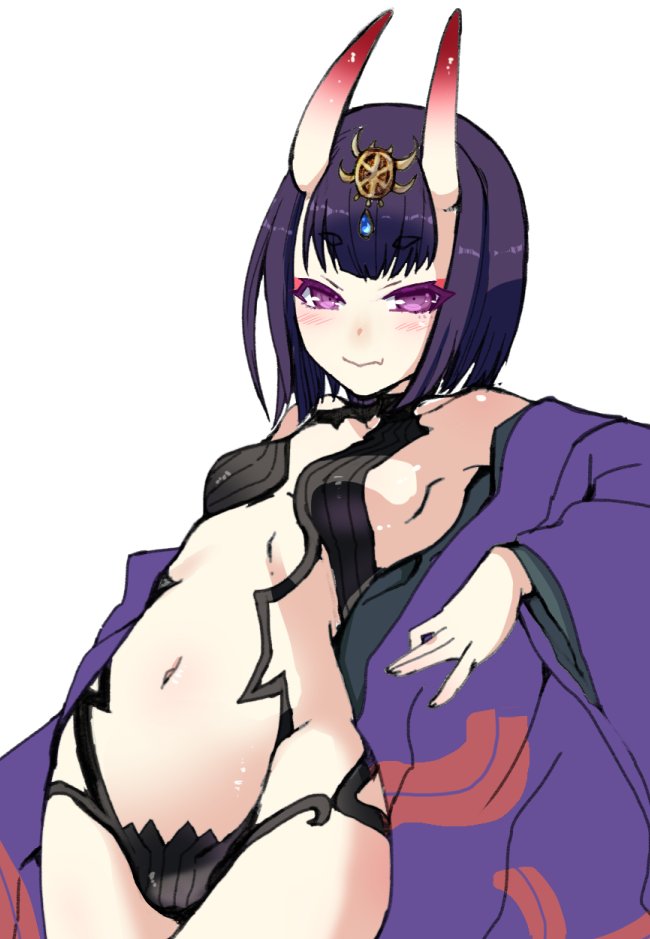 1girl, black_hair, fate/grand_order, fate_(series), horns, japanese_clothes, kimono, midriff
