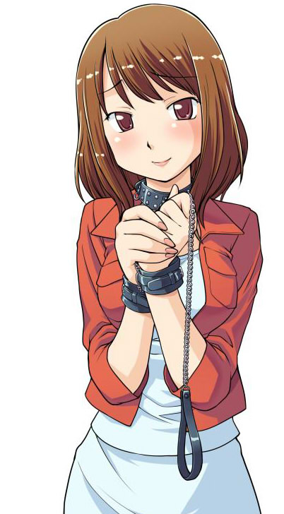 blush, brown_eyes, brown_hair, collar, cuffs, hajimete_no_sm, hinemosu, hinemosu_notari