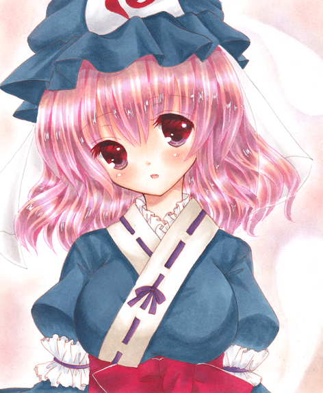 1girl, :o, asa1014, hat, head_tilt, japanese_clothes, kimono, marker_(medium)