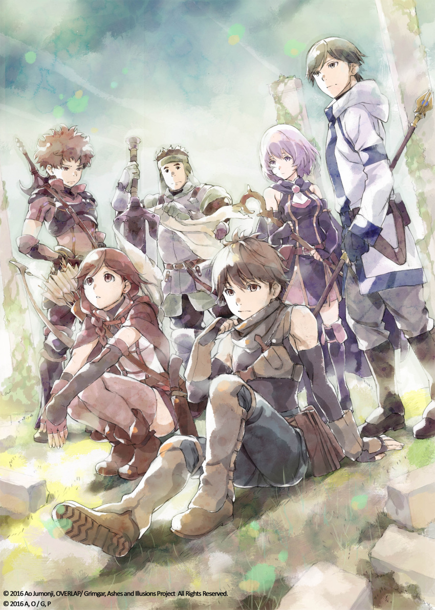 2girls, 4boys, absurdres, armor, arrow, blue_eyes, boots, bow_(weapon)