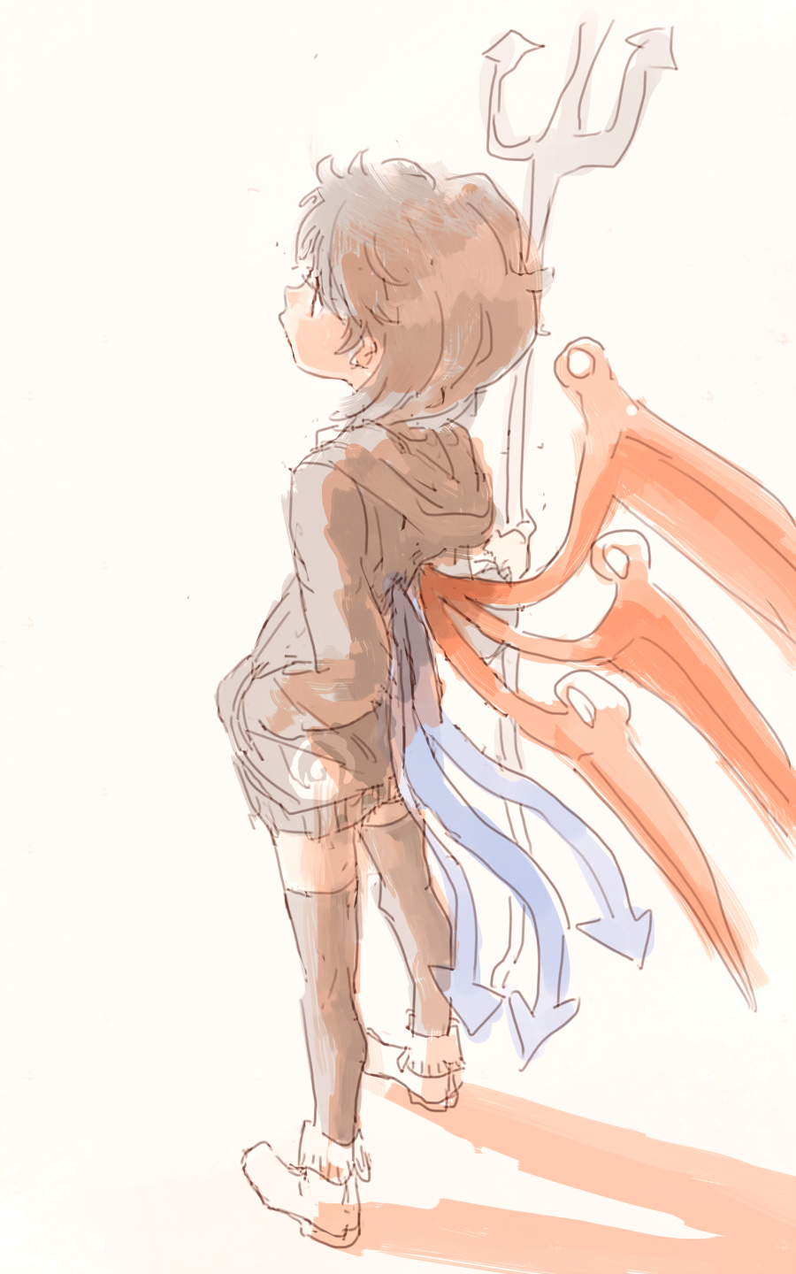 1girl, asymmetrical_wings, black_dress, black_legwear, contemporary, dress, from_above, full_body