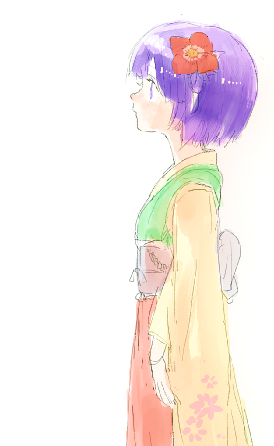 1girl, flower, from_side, hair_flower, hair_ornament, hieda_no_akyuu, highres, motsuni_(artist)