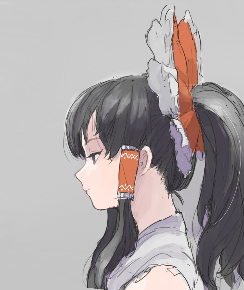 1girl, black_eyes, black_hair, bow, face, grey_background, hair_bow, hair_tubes, hakurei_reimu, half-closed_eyes, high_ponytail, light_smile, long_hair, motsuni_(artist), ponytail, profile, red_bow, sidelocks, simple_background, solo, touhou