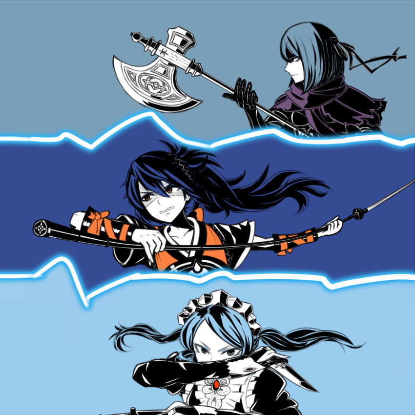 3girls, apron, armor, axe, bangs, battle_axe, belka_(fire_emblem_if), blue_hair