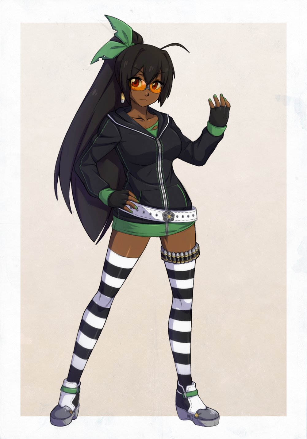 1girl, ahoge, ankle_boots, bandolier, belt, black_hair, boots, borrowed_character, bullet, cyron_tanryoku, dark_skin, earrings, fingerless_gloves, full_body, gloves, green_nails, hair_ribbon, hand_on_hip, highres, hood, hoodie, huge_ahoge, jewelry, long_hair, miniskirt, nail_polish, original, out_of_frame, ponytail, red_eyes, ribbon, shooting_glasses, skirt, solo, spike_wible, striped, striped_legwear, thigh-highs, very_dark_skin