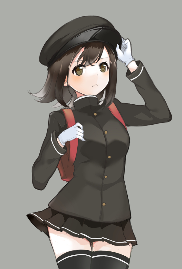 >:<, akitsu_maru_(kantai_collection), backpack, bag, black_eyes, black_hair, black_hat, black_legwear