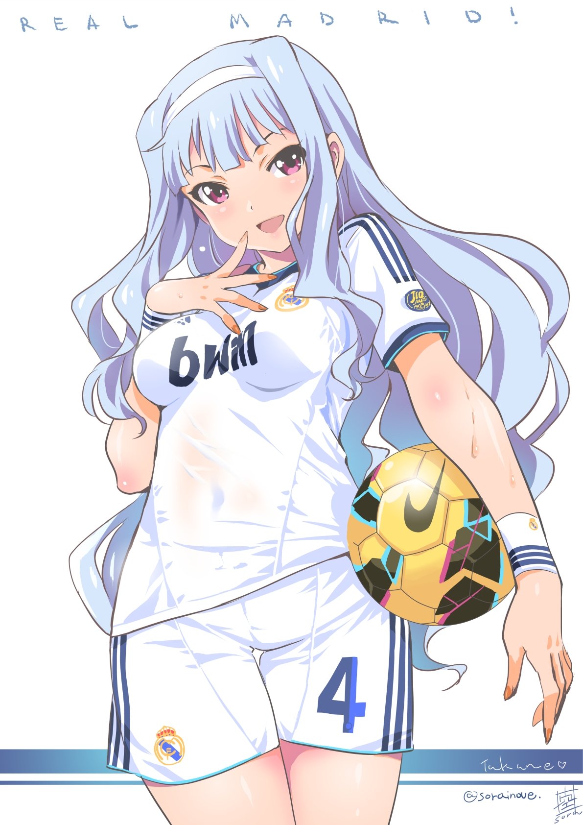 1girl, adidas, ball, blush, breasts, clothes_writing, covered_navel, hairband