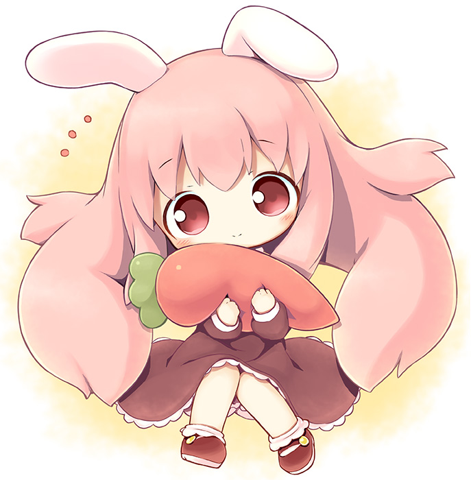 aikei_ake, animal_ears, bloomers, blush, carrot, chibi, closed_mouth, dress