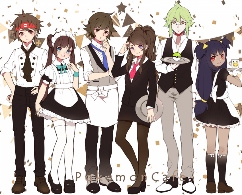 3boys, 3girls, :d, :o, alternate_costume, aqua_bow, back, bangs, bare_arms, belt, black_dress, black_eyes, black_hair, black_jacket, black_legwear, black_necktie, black_pants, black_shoes, black_skirt, black_vest, blue_eyes, blue_necktie, blush, bow, bowtie, brown_eyes, brown_hair, buttons, character_print, closed_mouth, collared_shirt, confetti, contrapposto, cross_print, cup, dark_skin, double_bun, dress, dress_shirt, embarrassed, eve_kurigoyu, eyebrows, eyebrows_visible_through_hair, flag, formal, full_body, glasses, gloves, green_eyes, green_hair, grey_pants, grey_shoes, grey_vest, hair_tucking, hand_on_hip, head_tilt, headband, high_heels, holding_plate, iris_(pokemon), jacket, kneehighs, kyouhei_(pokemon), legs_apart, lineup, long_hair, long_sleeves, looking_back, low-tied_long_hair, maid_headdress, mei_(pokemon), miniskirt, mug, multiple_boys, multiple_girls, n_(pokemon), necktie, open_mouth, pants, pantyhose, pikachu, pink_necktie, plate, poke_ball, pokemon, pokemon_(game), pokemon_bw, pokemon_bw2, ponytail, puffy_short_sleeves, puffy_sleeves, purple_hair, red_eyes, semi-rimless_glasses, shirt, shoes, short_necktie, short_sleeves, sidelocks, skirt, skirt_hold, skirt_suit, sleeves_rolled_up, smile, standing, star, striped, suit, swept_bangs, thigh-highs, touko_(pokemon), touya_(pokemon), twintails, two_side_up, under-rim_glasses, waiter, waitress, white_apron, white_background, white_bow, white_gloves, white_legwear, white_shirt