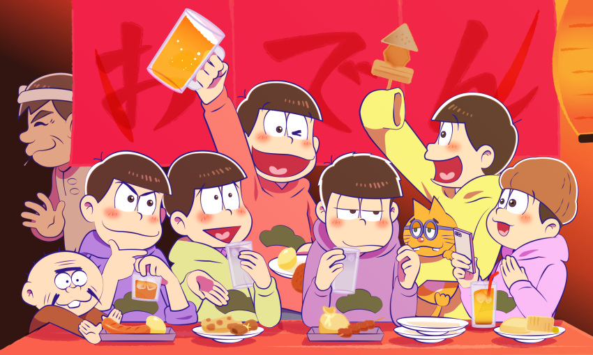 6+boys, a_(a_hato_mune), akatsuka_fujio, alcohol, beanie, beer, beer_mug, bowl_cut, brothers, drinking, facial_hair, food_stand, hachimaki, hat, headband, heart, heart_in_mouth, highres, hijirisawa_shonosuke, male_focus, matsuno_choromatsu, matsuno_ichimatsu, matsuno_juushimatsu, matsuno_karamatsu, matsuno_osomatsu, matsuno_todomatsu, multiple_boys, mustache, oden, osomatsu-kun, osomatsu-san, plate, sextuplets, siblings, sleeves_past_wrists, waving, yatai