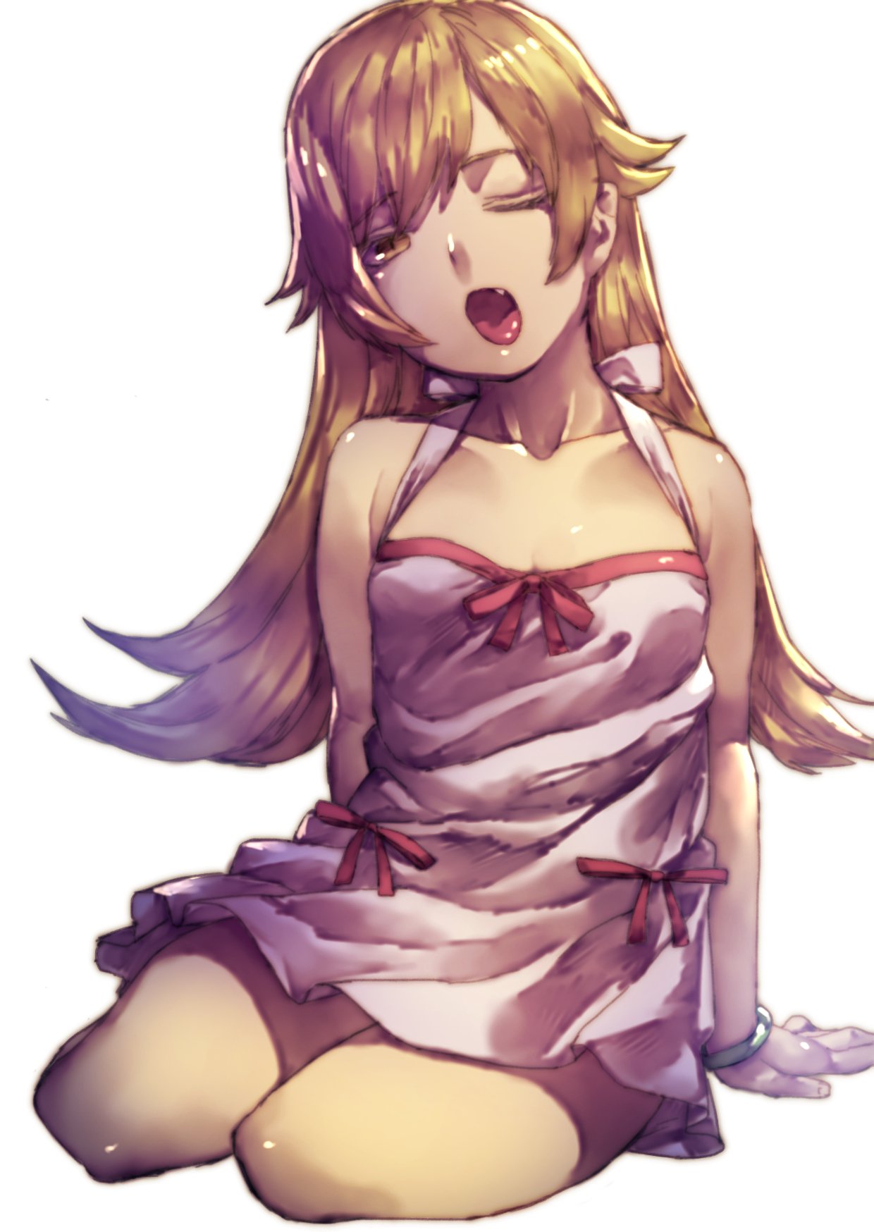 1girl, arm_behind_back, arm_support, blonde_hair, bracelet, breasts, cleavage, collarbone
