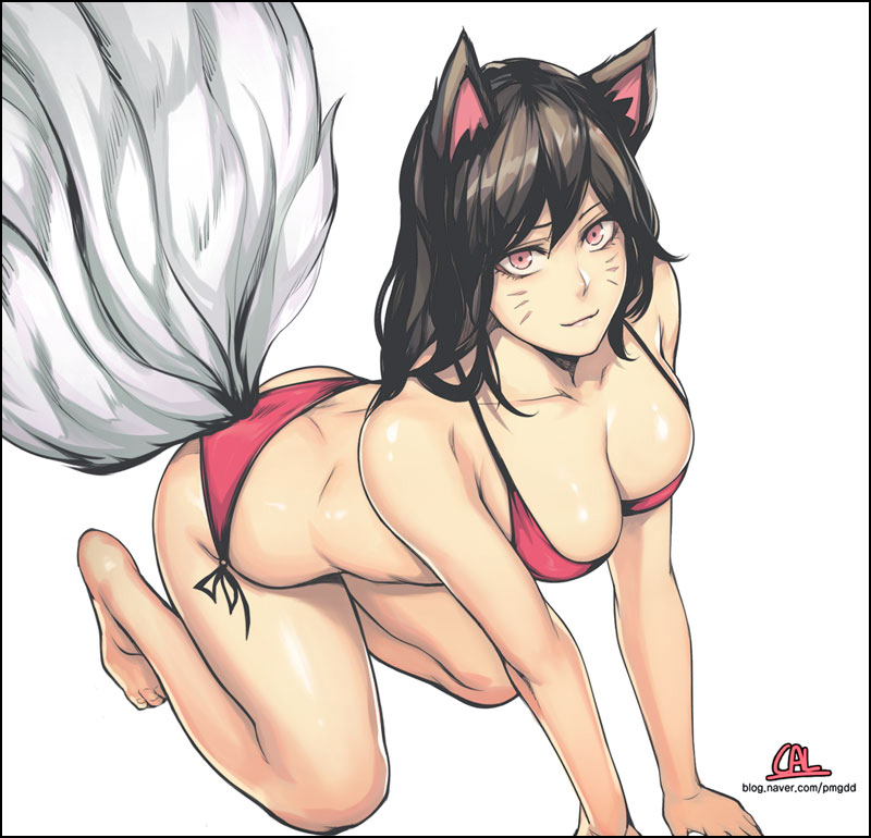 1girl, ahri, all_fours, alternate_costume, animal_ears, artist_name, ass, bare_arms