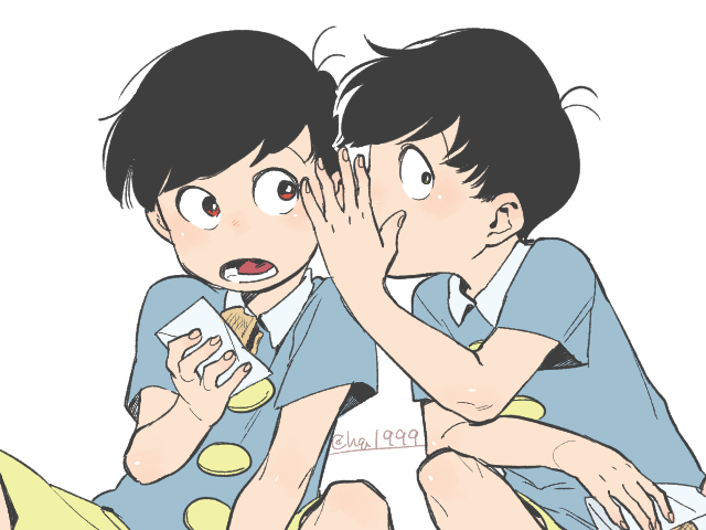 2boys, black_hair, brothers, eating, imagawayaki, male_focus, matsuno_choromatsu, matsuno_osomatsu