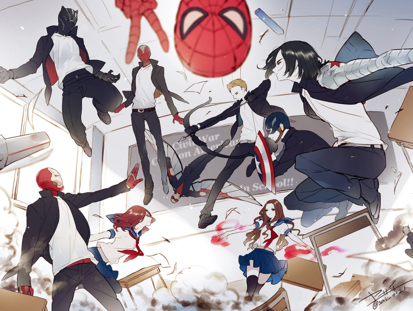 ant-man, black_panther_(marvel), black_widow, blurry, bow_(weapon), captain_america, captain_america_civil_war, chalkboard, clint_barton, depth_of_field, desk, everyone, gakuran, hawkeye_(marvel), iron_man, james_buchanan_barnes, james_rhodes, marvel, natasha_romanoff, sam_wilson, scarlet_witch, school_uniform, scott_lang, serafuku, spider-man, steve_rogers, superhero, t'challa, the_falcon, tony_stark, vision_(marvel), war_machine, weapon, wings, winter_soldier, yasai_(getsu)