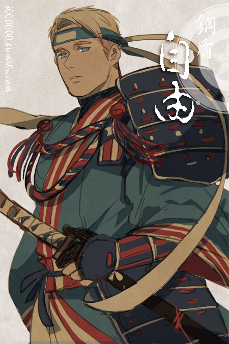 1boy, armor, blonde_hair, blue_eyes, headband, japanese_armor, japanese_clothes, jo_(artist)