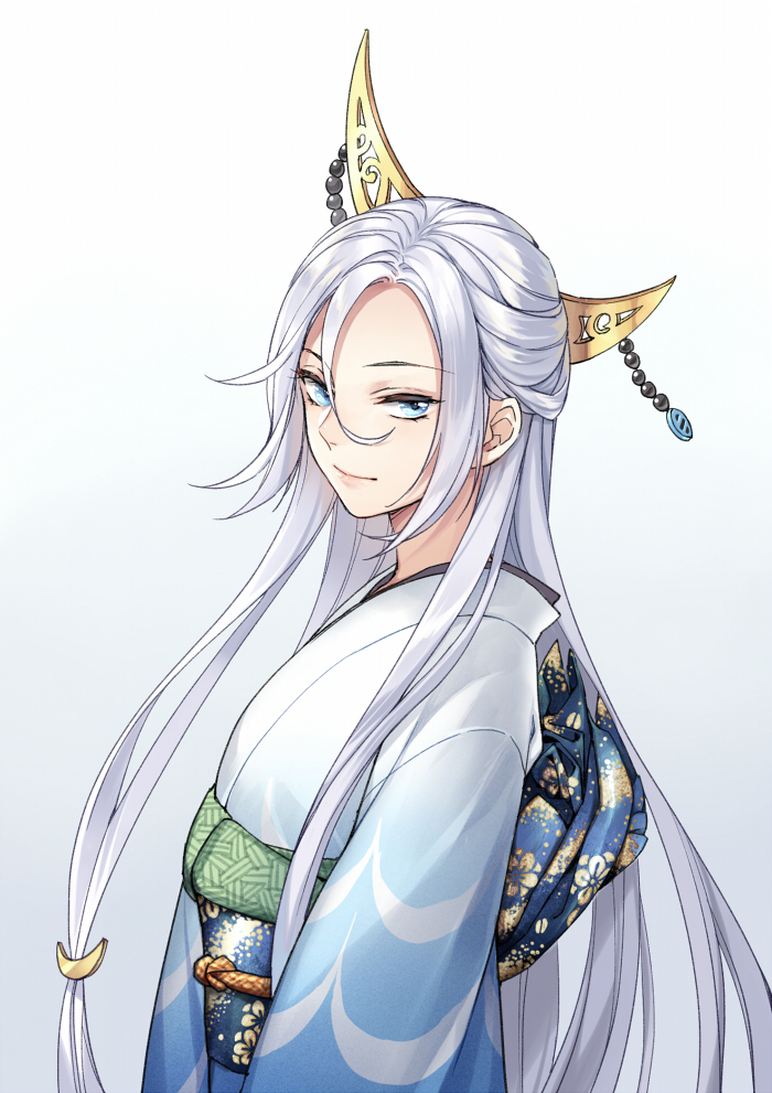 1girl, beads, blue_eyes, closed_mouth, crescent, crescent_hair_ornament, fhalei, floral_print