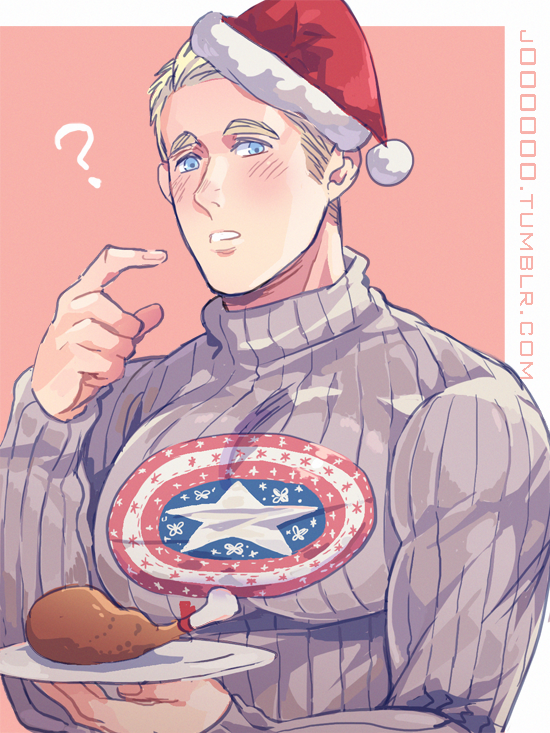 1boy, ?, blonde_hair, blue_eyes, hat, jo_(artist), marvel, santa_hat