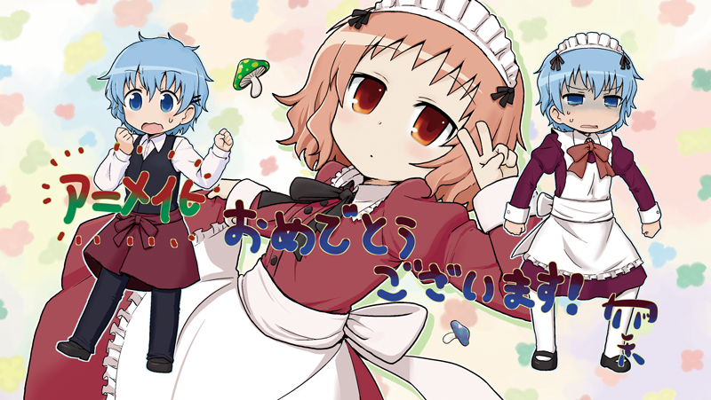 1boy, 2girls, apron, blue_eyes, blue_hair, brother_and_sister, crossdressinging, kazuho_(kazu-ho-ho)