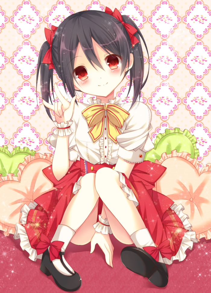 1girl, \m/, black_hair, bow, dress, hair_bow, love_live!_school_idol_project, nami7711