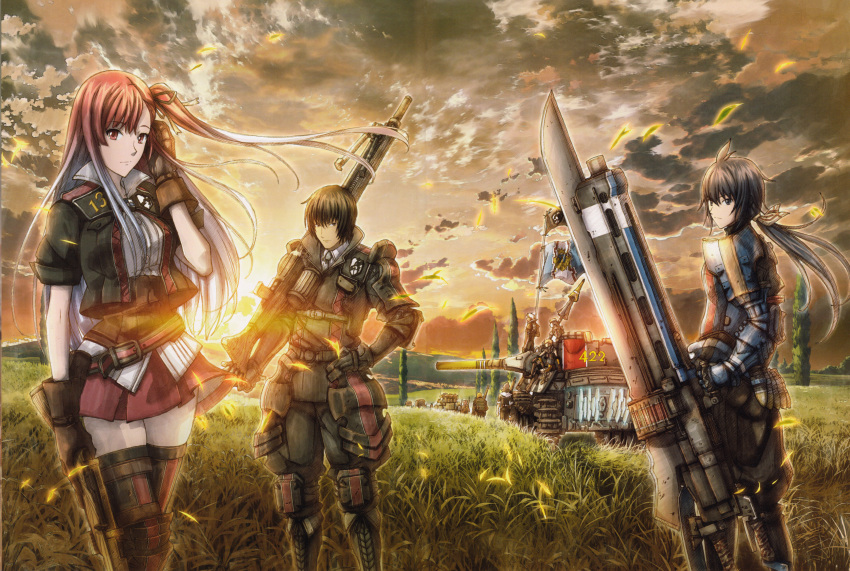 absurdres, black_hair, brown_gloves, brown_hair, gloves, grass, gun, hair_ribbon