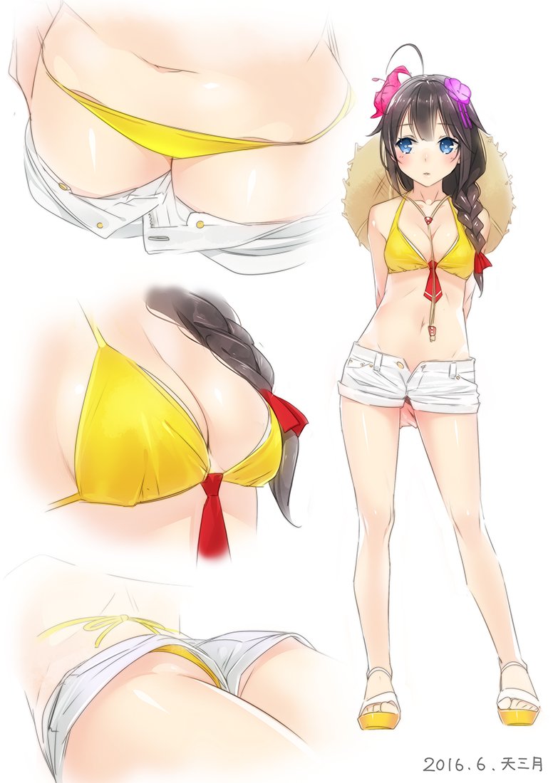 1girl, ahoge, ama_mitsuki, arms_behind_back, artist_name, bare_shoulders, between_breasts, bikini
