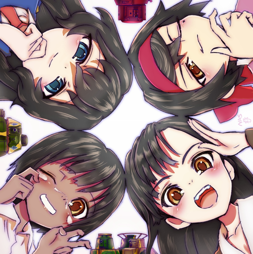 4girls, artist_name, aung_(girls_und_panzer), black_hair, blush, bow, commentary_request, eclair_(girls_und_panzer)
