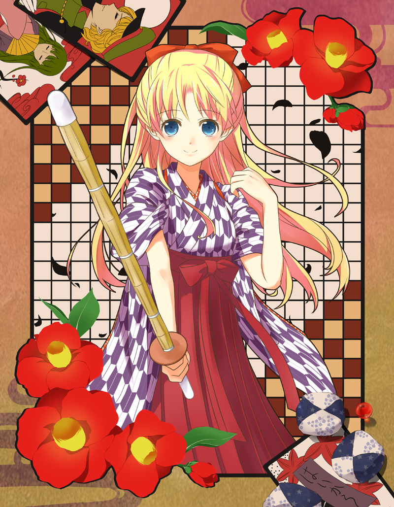 1girl, ahase_hino, bangs, bean_bag, blonde_hair, blue_eyes, bow, camellia_(flower)
